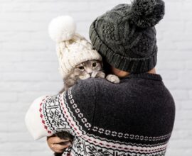 Muškarac sa kapom drži u zagrljaju mačku sa kapom